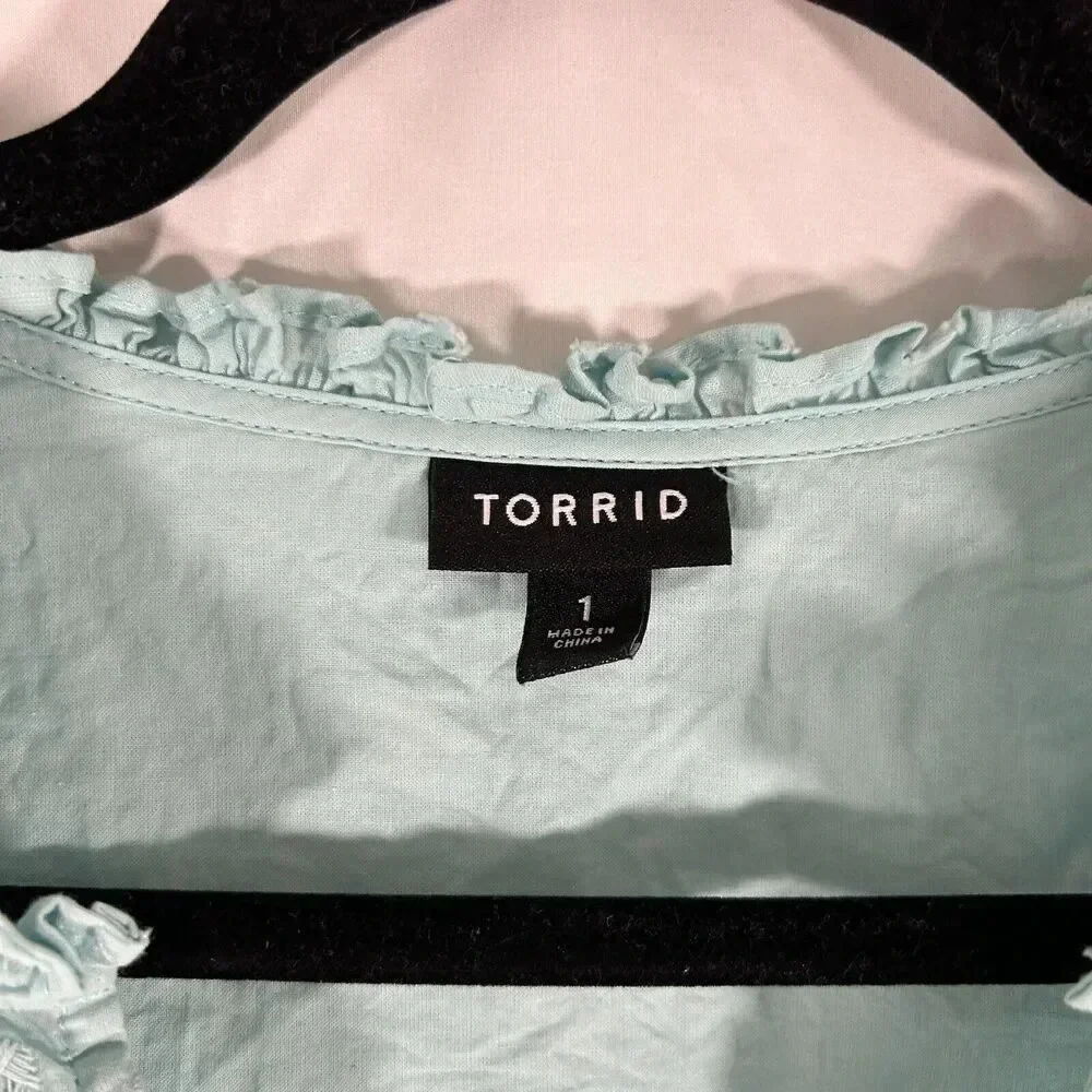 Torrid Blouse Women's 1 1X Blue Vneck Long Sleeve Frill Neckline 100% Cotton